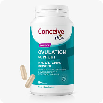 For Conceive Plus Maximum Fertility Bundle, image of women's ovulation support supplement bottle in teal packaging, featuring Myo & D-Chiro Inositol formula with CoQ10 and ginger, shown with two beige capsules positioned beside label for a detailed product view.