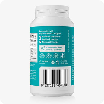 For Conceive Plus Maximum Fertility Bundle, women's ovulation support supplement back label featuring key benefits like support for ovulation regulation and menstrual comfort, usage pairing suggestion, barcode, and icons for clean ingredients, all displayed on teal packaging.
