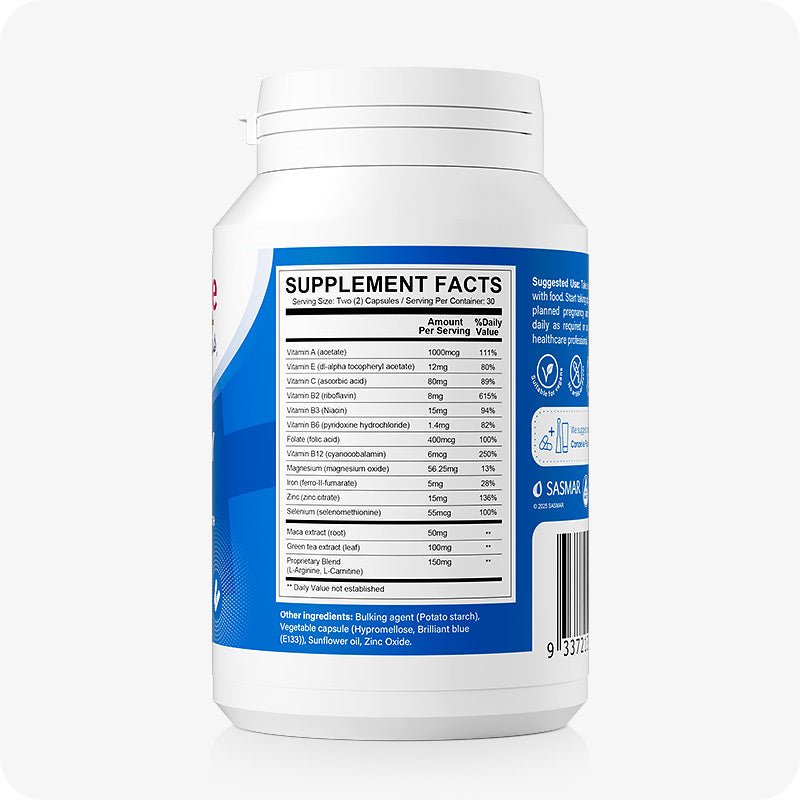 Conceive Plus Men's Fertility Support supplement facts label featuring a detailed nutrient table listing daily values for vitamins, minerals, antioxidants, and amino acids per two-capsule serving, shown on blue and white packaging with black-and-white formatting for easy readability.