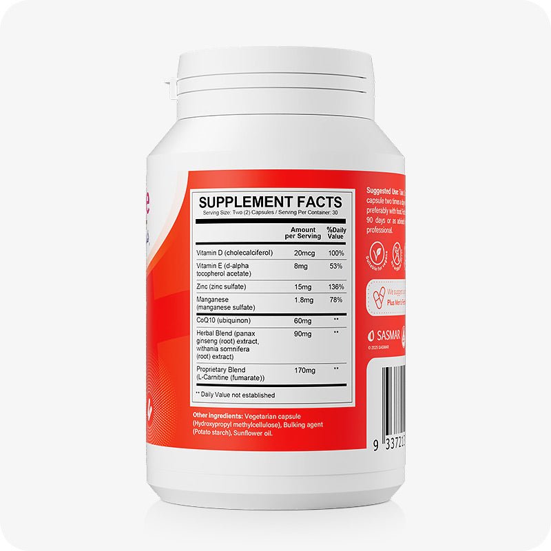 For Conceive Plus Motility and Ovulation Support Bundle, image showing detailed Supplement Facts panel of Men's Motility Support capsules, listing key ingredients like Vitamin D, Zinc, CoQ10, and herbal extracts; labeled on red-backed bottle to support transparent nutrient disclosure and informed usage.