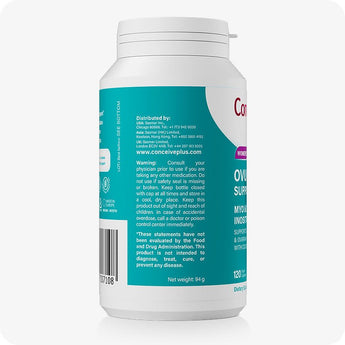 For Conceive Plus Motility and Ovulation Support Bundle, showing side view of Ovulation Support bottle, with visible product warning label, distribution info for global regions, and FDA disclaimer; teal background and barcode are displayed to highlight transparency in labeling and product safety.