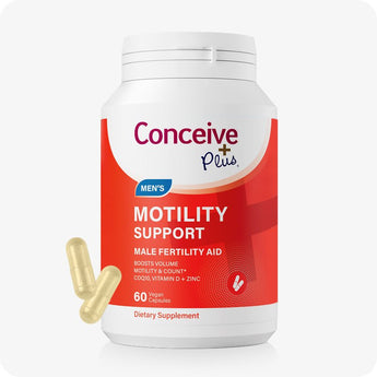 For Conceive Plus Motility and Ovulation Support Bundle, image showing men’s Motility Support supplement in a vibrant red bottle design, labeled to aid male fertility with CoQ10, Vitamin D, and Zinc; 60-count vegan capsules partially floating beside container, presented on white background.