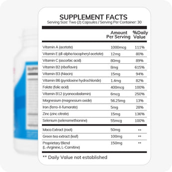 For Conceive Plus Motility Booster Bundle, detailed supplement facts close-up for Men’s Fertility Support, highlighting daily values and amounts of key nutrients like Vitamin A, B12, Zinc, Iron, Maca root, and L-Arginine, displayed on white nutrition label layout for consumer transparency.